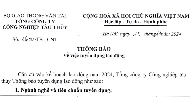 Thông báo tuyển dụng lao động