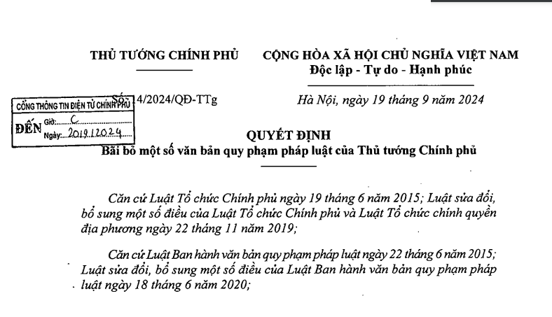 Quyết định số 14/2024/QĐ-TTg của Thủ tướng Chính phủ: Bãi bỏ một số văn bản quy phạm pháp luật của Thủ tướng Chính phủ