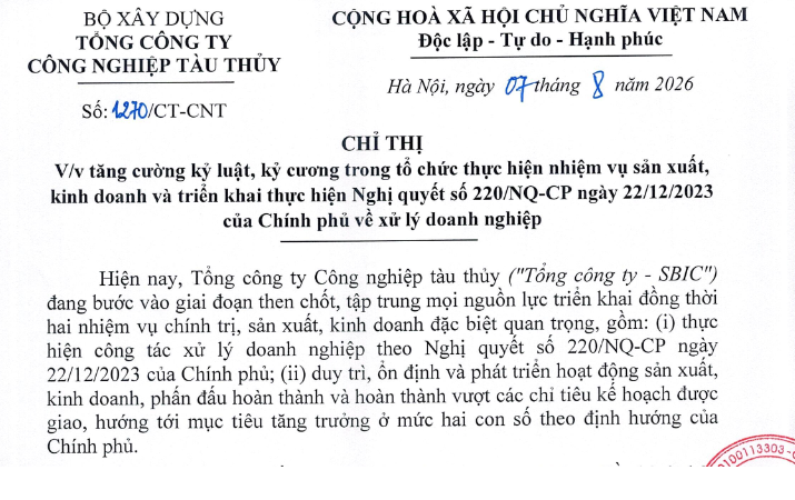 Chỉ thị: Tăng cường kỷ luật, kỷ cương trong tổ chức thực hiện nhiệm vụ sản xuất kinh doanh và triển khai thực hiện Nghị quyết số 220/NQ-CP ngày 22/12/2023 của Chính phủ về xử lý doanh nghiệp