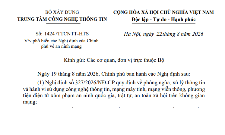 V/v phổ biến các Nghị định của Chính phủ về an ninh mạng