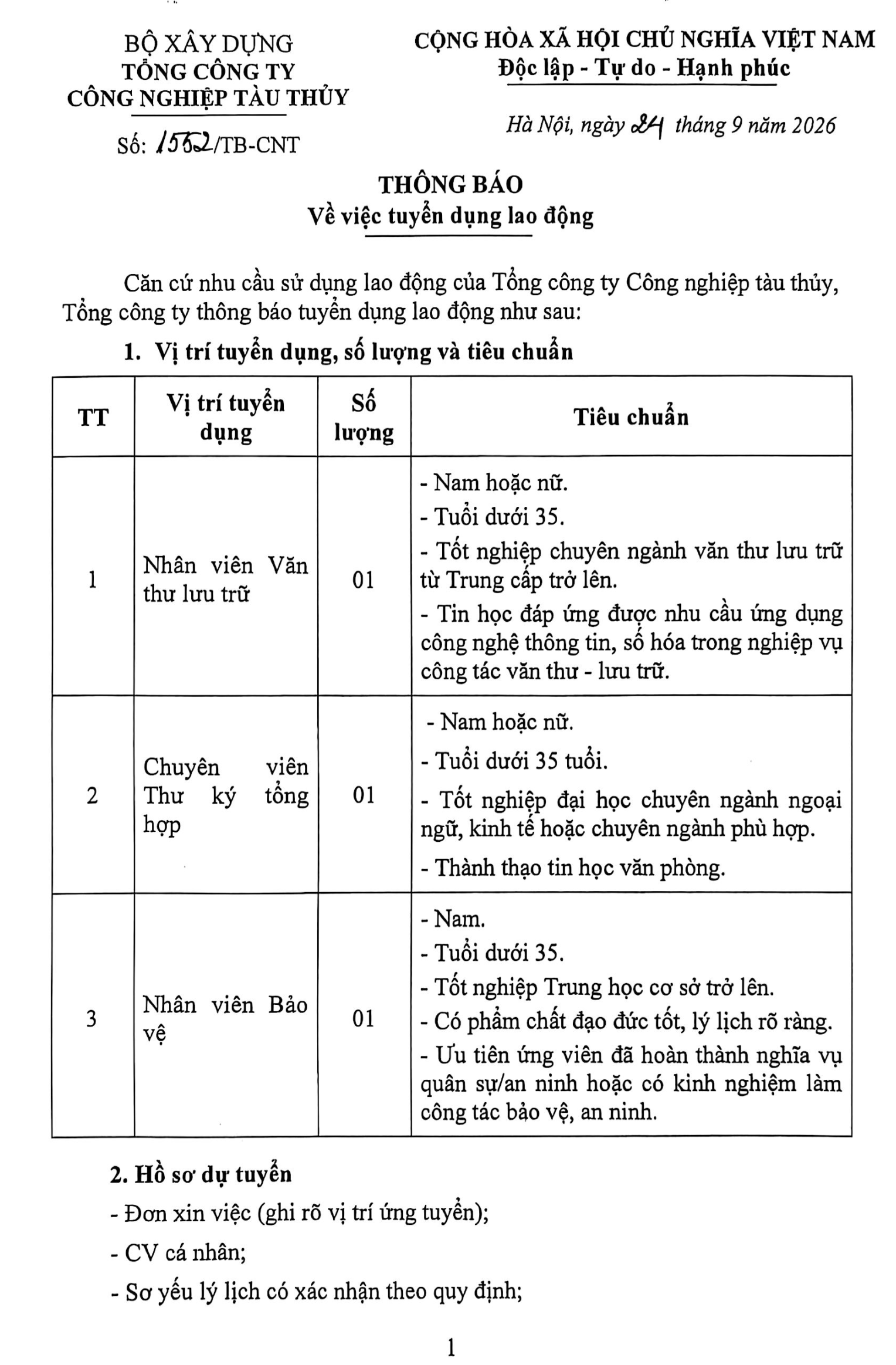 Thông báo về việc tuyển dụng lao động số 1552/TB-CNT