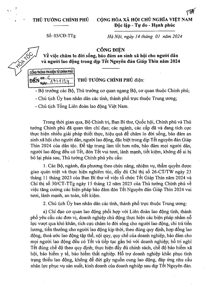 Công điện: Về việc chăm lo đời sống, bảo đảm an ninh xã hội cho người dân và người lao động trong dịp Tết Nguyên đán Giáp Thìn năm 2024