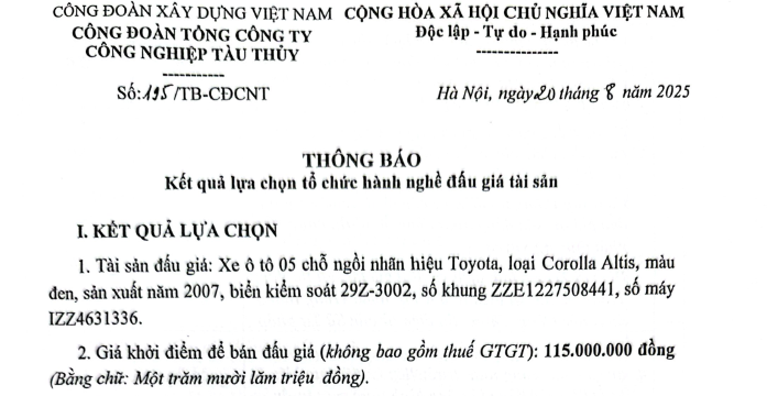 THÔNG BÁO KẾT QUẢ LỰA CHỌN TỔ CHỨC ĐẤU GIÁ TÀI SẢN: XE Ô TÔ 05 CHỖ NGỒI NHÃN HIỆU TOYOTA, LOẠI COROLLA ALTIS, MÀU ĐEN, SẢN XUẤT NĂM 2007, BIỂN KIỂM SOÁT 29Z-3002, SỐ KHUNG ZZE1227508441, SỐ MÁY IZZ4631336