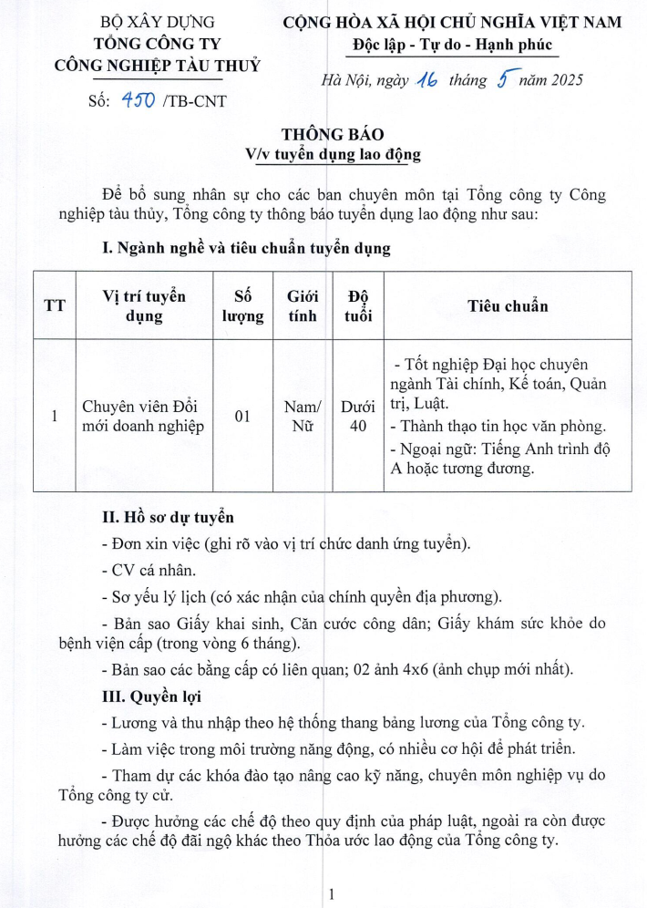 Thông báo về việc Tuyển dụng lao động