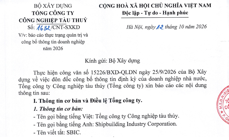 Hồ sơ công bố thông tin định kỳ của Tổng công ty Công nghiệp tàu thủy