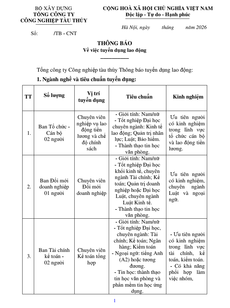 Thông báo về việc tuyển dụng lao động 3/2026