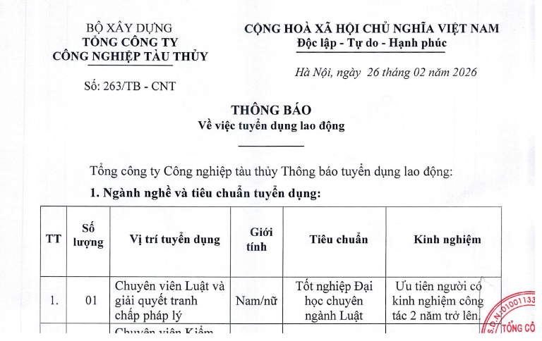 THÔNG BÁO TUYỂN DỤNG LAO ĐỘNG NGÀY 26/2/2026