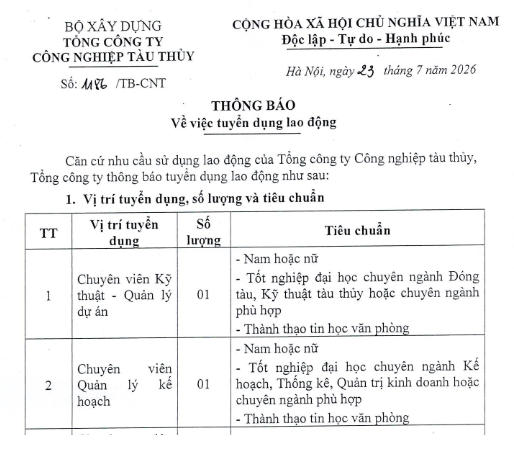 Thông báo về việc tuyển dụng lao động số 1186/TB-CNT